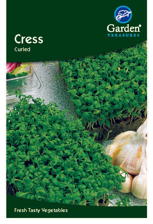 Packet of Cress Curled Seeds, with a photo of lush green cress and garlic bulbs. Easy to grow, these seeds yield fresh, tasty vegetables ideal for salad garnish. “Fresh Tasty Vegetables” text appears at the bottom.