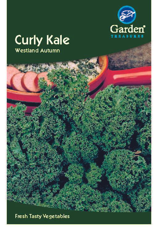 Packet of Curly Kale Seeds. Image features lush green curly kale leaves with a dish of sliced sausage and cooked greens in the background. Text reads, Fresh Tasty Vegetables.