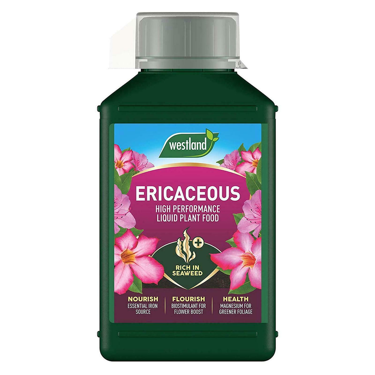 A green bottle of Ericaceous Liquid Plant Food featuring pink flowers and green leaves on the label, with text emphasizing nourishment for acid-loving plants and promoting their health and vitality.