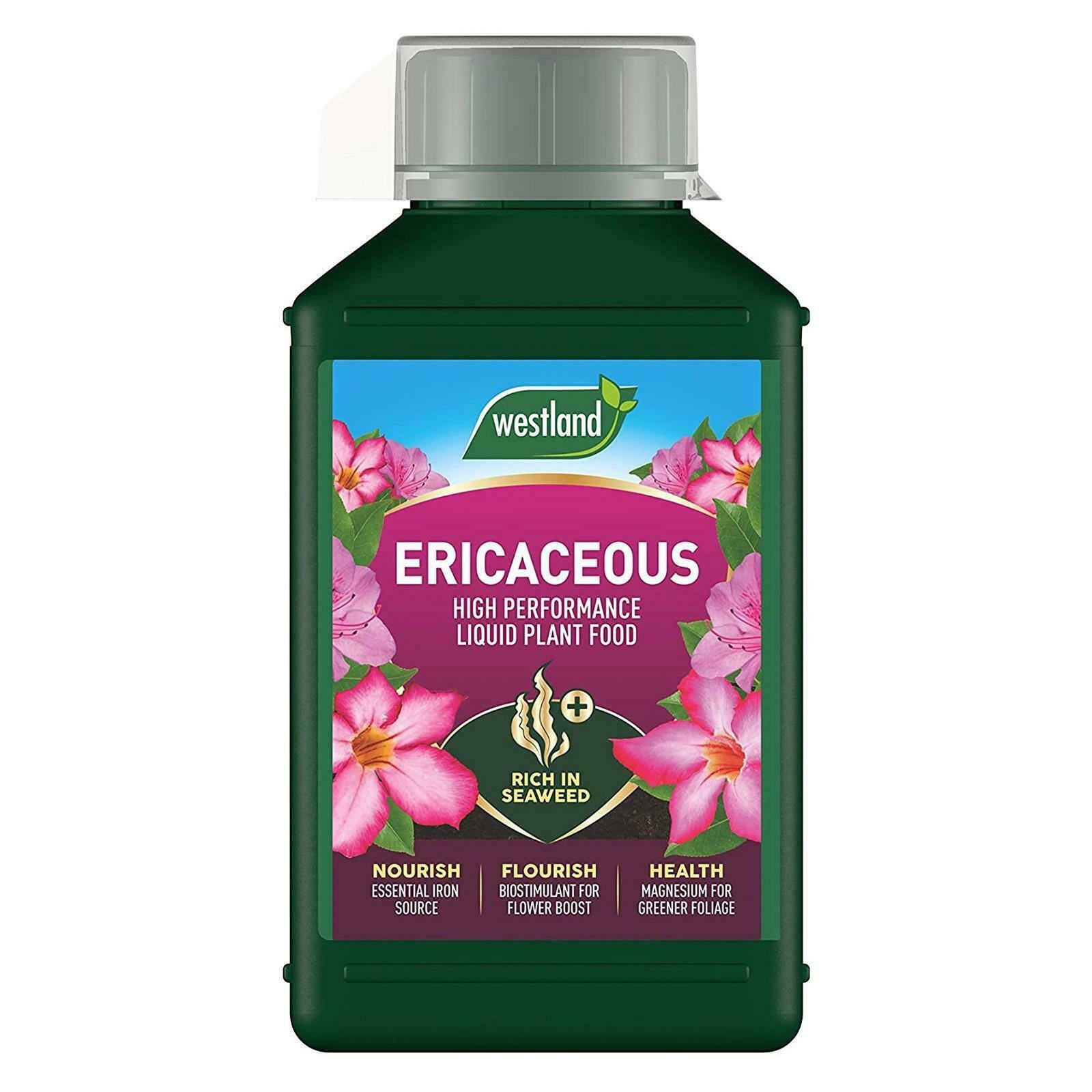 A green bottle of Ericaceous Liquid Plant Food featuring pink flowers and green leaves on the label, with text emphasizing nourishment for acid-loving plants and promoting their health and vitality.