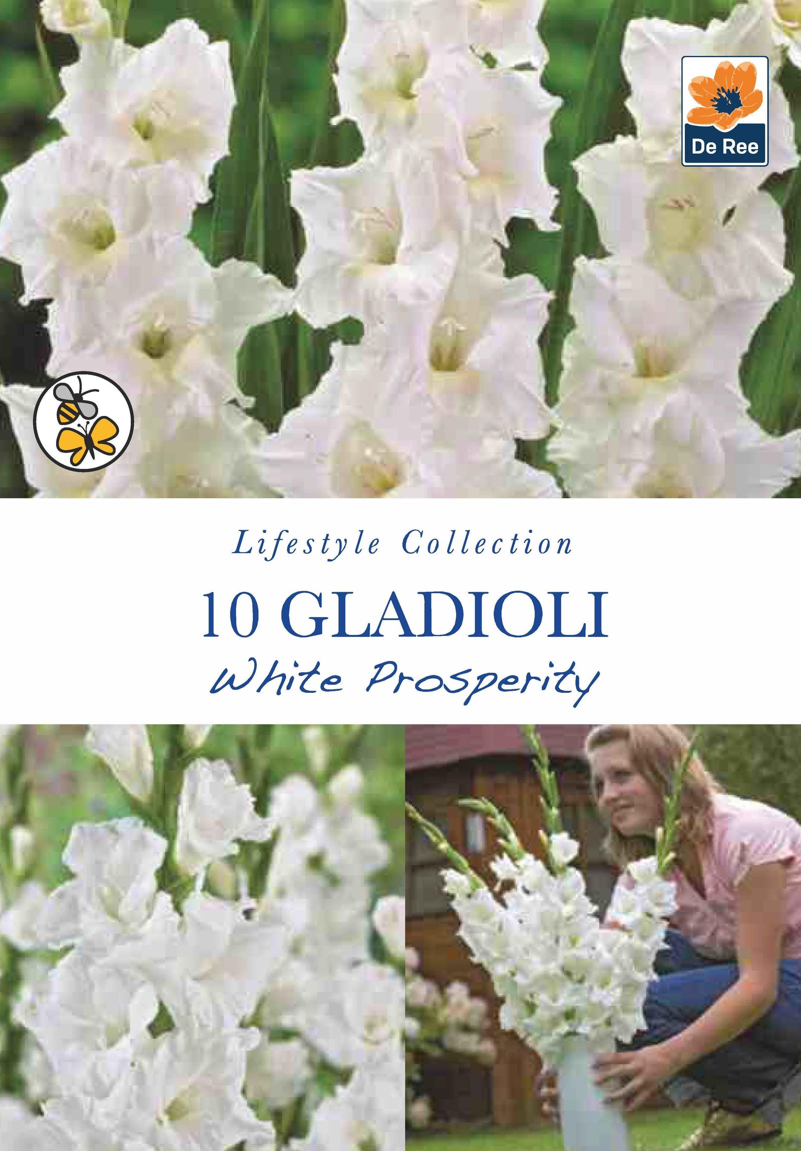 The Gladioli Bulbs | White Prosperity | 10 Bulbs package features elegant white blooms, garden bulb and floral arrangement images, branding logos, and a bee symbol.