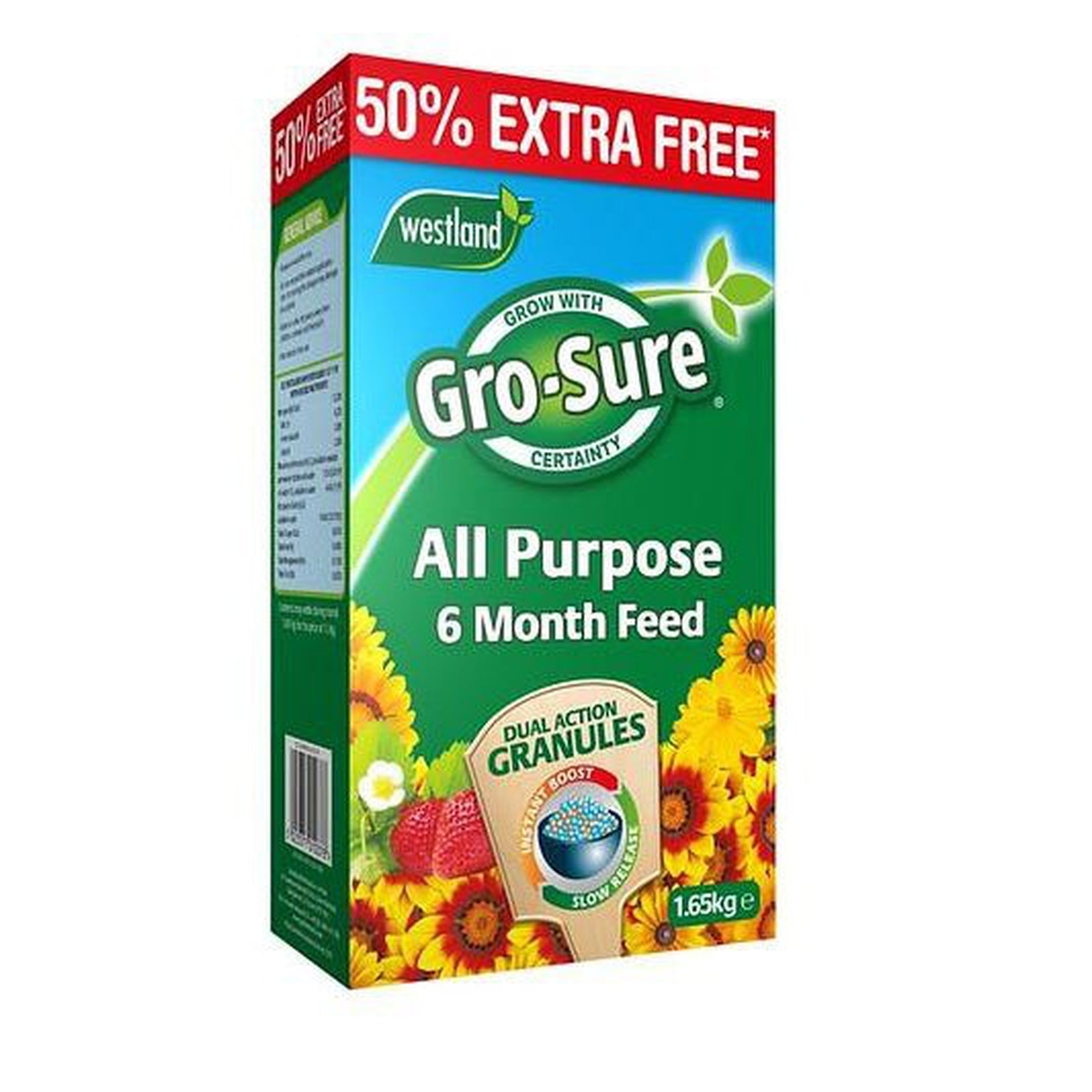 A box of Gro-Sure All-Purpose Plant Food Granules with "50% Extra Free" in bold red, yellow and red flowers, dual action granules, 6 months feeding, and 1.65kg weight on the packaging.