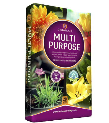 A 20L bag of Growmoor Multipurpose Compost features vibrant flower and foliage images and highlights its special peat blend for successful planting, making it a versatile, quality choice for all growing needs.