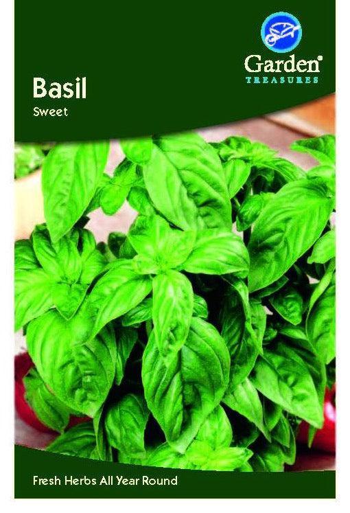 A packet of Basil Seeds (Sweet) from Garden Treasures showcases lush green basil leaves. Perfect for tomato dishes, the seeds offer the promise of Fresh Herbs All Year Round, as highlighted on the package.