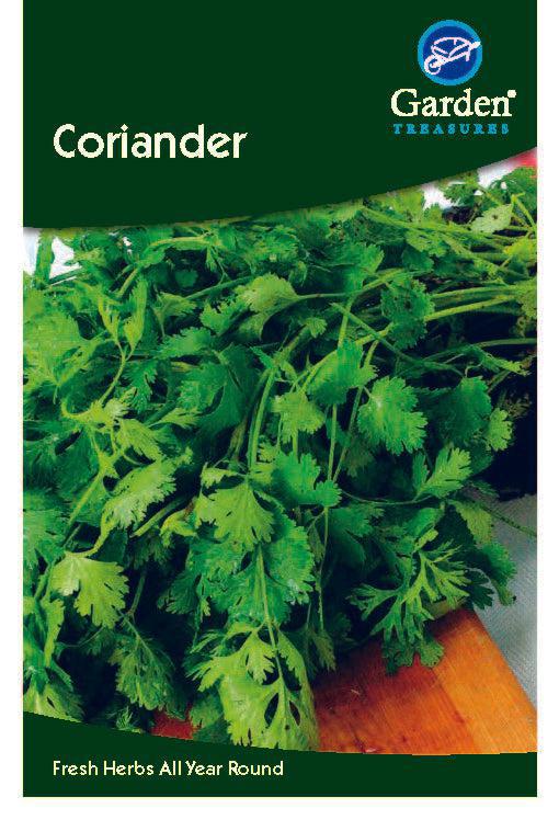 A packet of Coriander Seeds, a fragrant herb ideal for flavouring meats and Mediterranean dishes, with an image of fresh coriander leaves and the text &quot;Fresh Herbs All Year Round&quot; at the bottom.