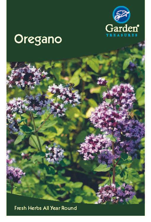 Packet of Oregano Seeds by Garden Treasures, showing aromatic herb plants with green leaves and clusters of small purple flowers. “Fresh Herbs All Year Round” is printed below. Perfect for adding to Mediterranean dishes.