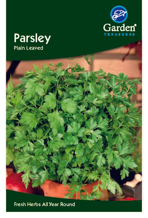 A packet of Parsley Plain Leaved Seeds, a lush herb perfect for salads and Mediterranean dishes. The label reads Fresh Herbs All Year Round.