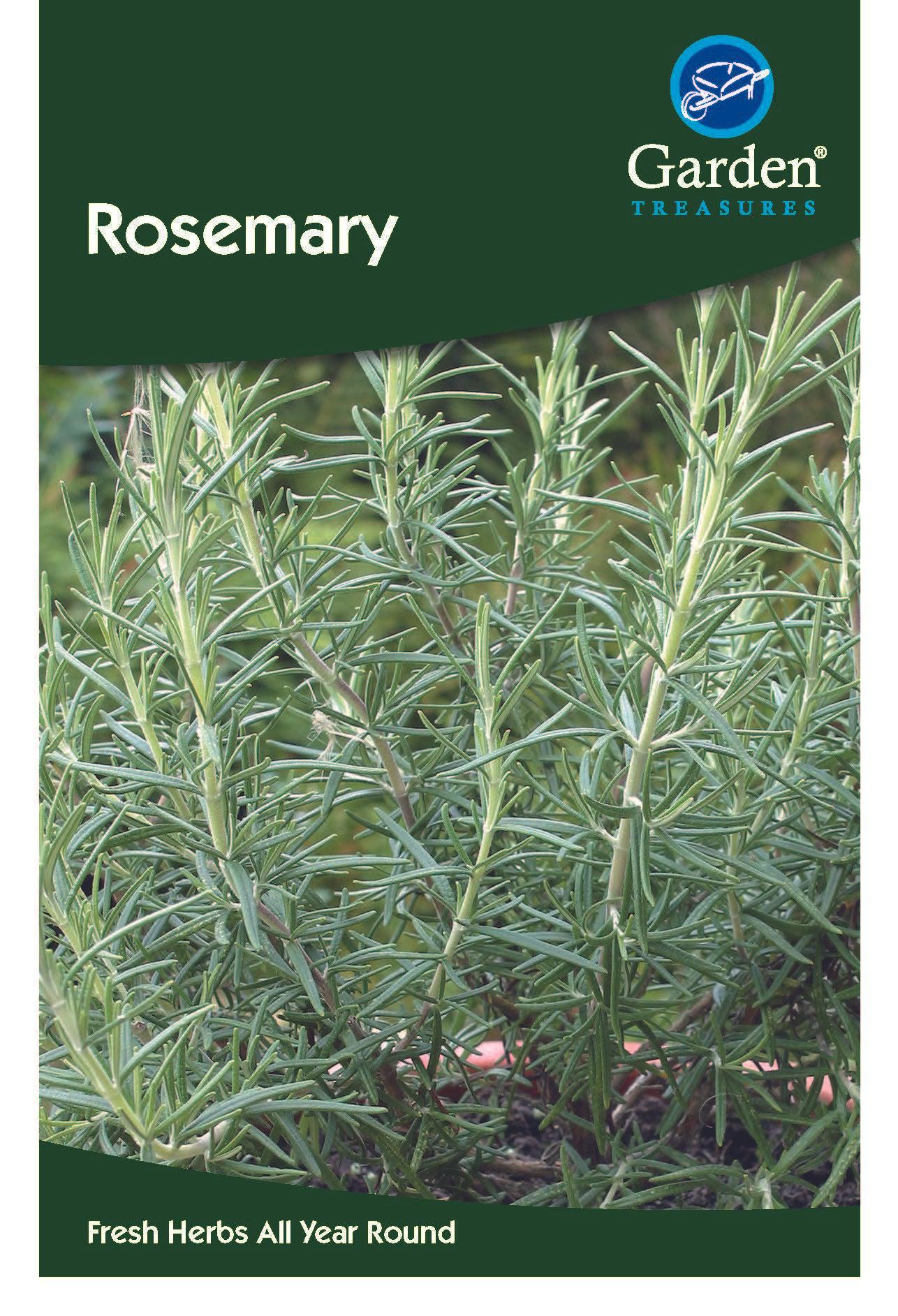 Packet of Rosemary Seeds featuring the Garden Treasures logo and a close-up of green, needle-like leaves. Labeled "Fresh Herbs All Year Round"—ideal for Mediterranean recipes or as a salad garnish.