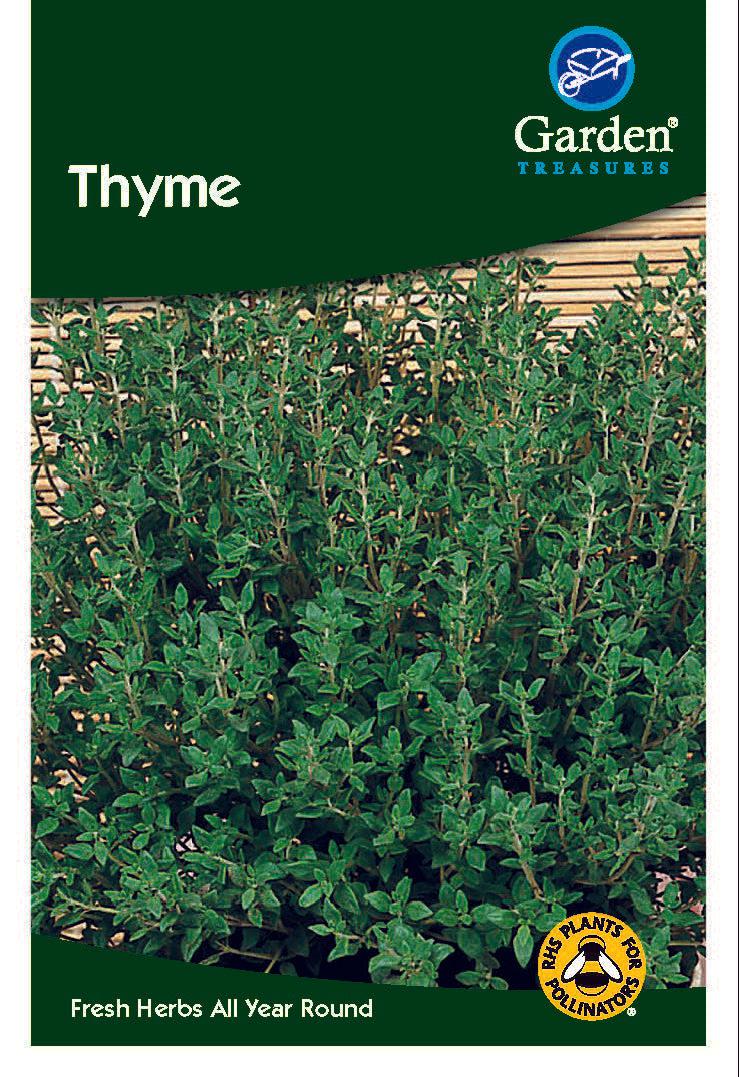 A packet of Thyme Seeds showcasing dense green plants. The label displays a bee-friendly icon and promotes this easy-to-grow herb, valued for its strong flavor in meat and vegetable dishes. &quot;Fresh Herbs All Year Round.