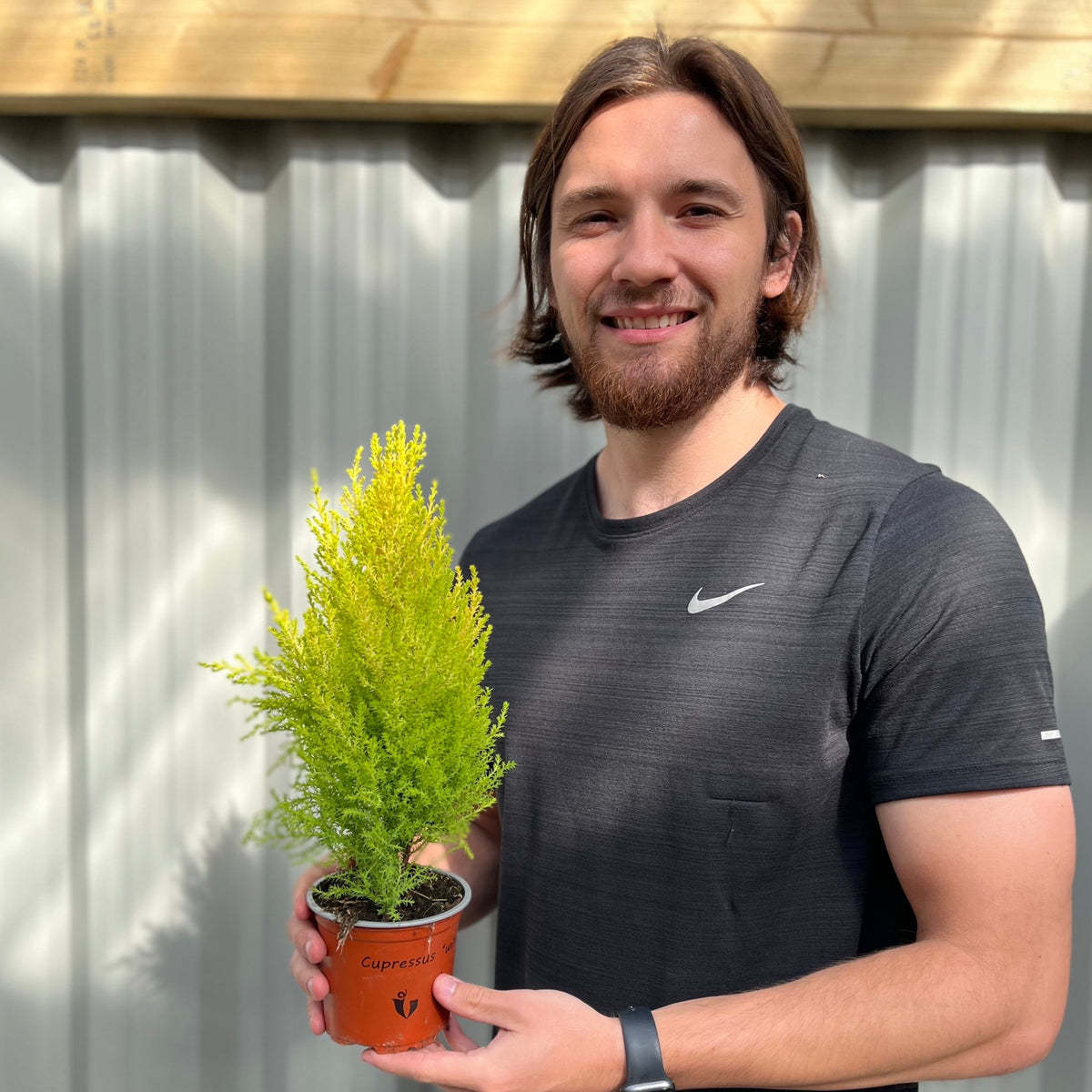 A man with medium-length brown hair and a beard, wearing a black Nike t-shirt, stands outdoors smiling at the camera while holding a Goldcrest Conifer &#39;Wilma&#39; potted plant.