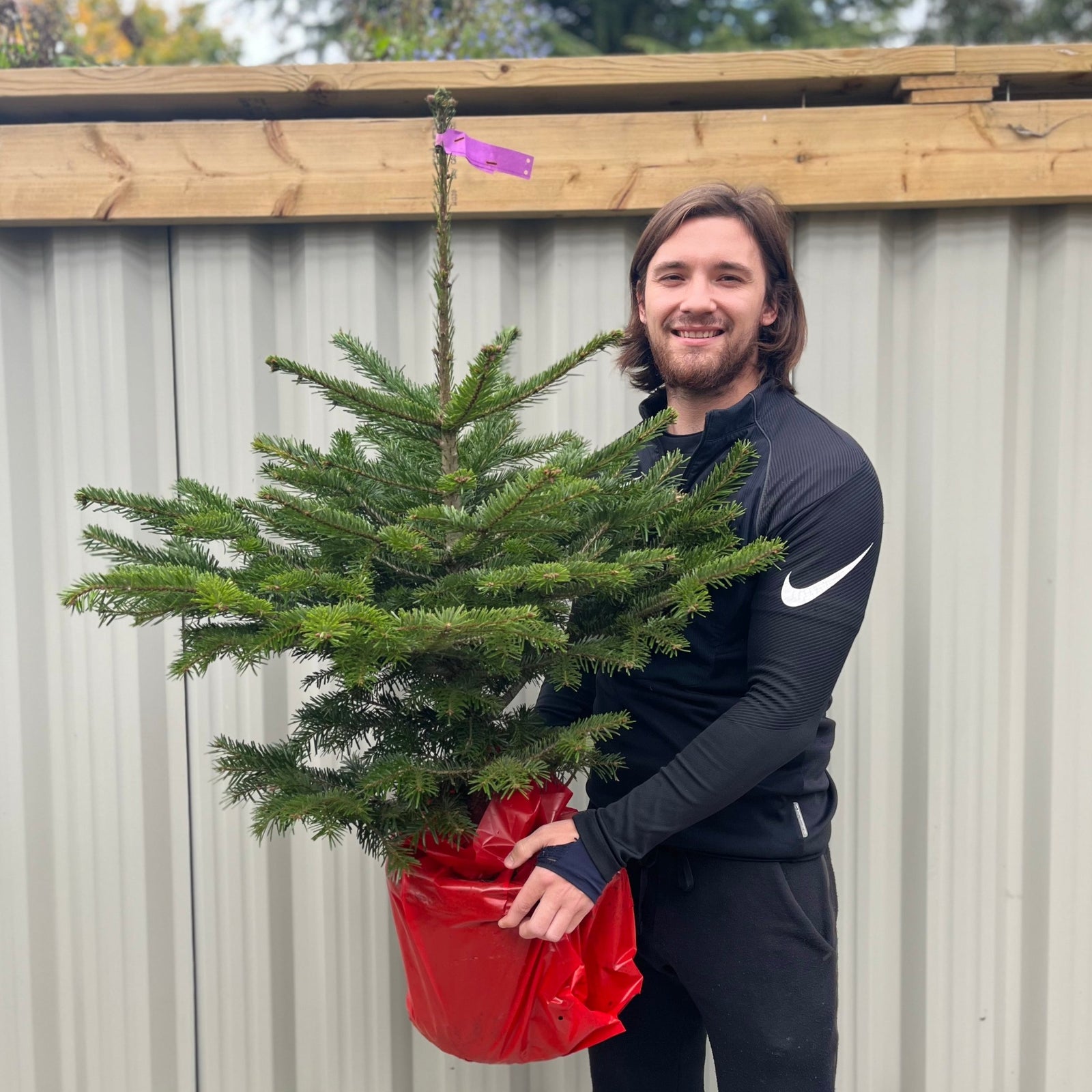 A smiling man in black sportswear holds a Nordmann Fir Pot Grown Christmas Tree (100-120cm), wrapped in red foil, standing before a corrugated metal fence and wooden beam.