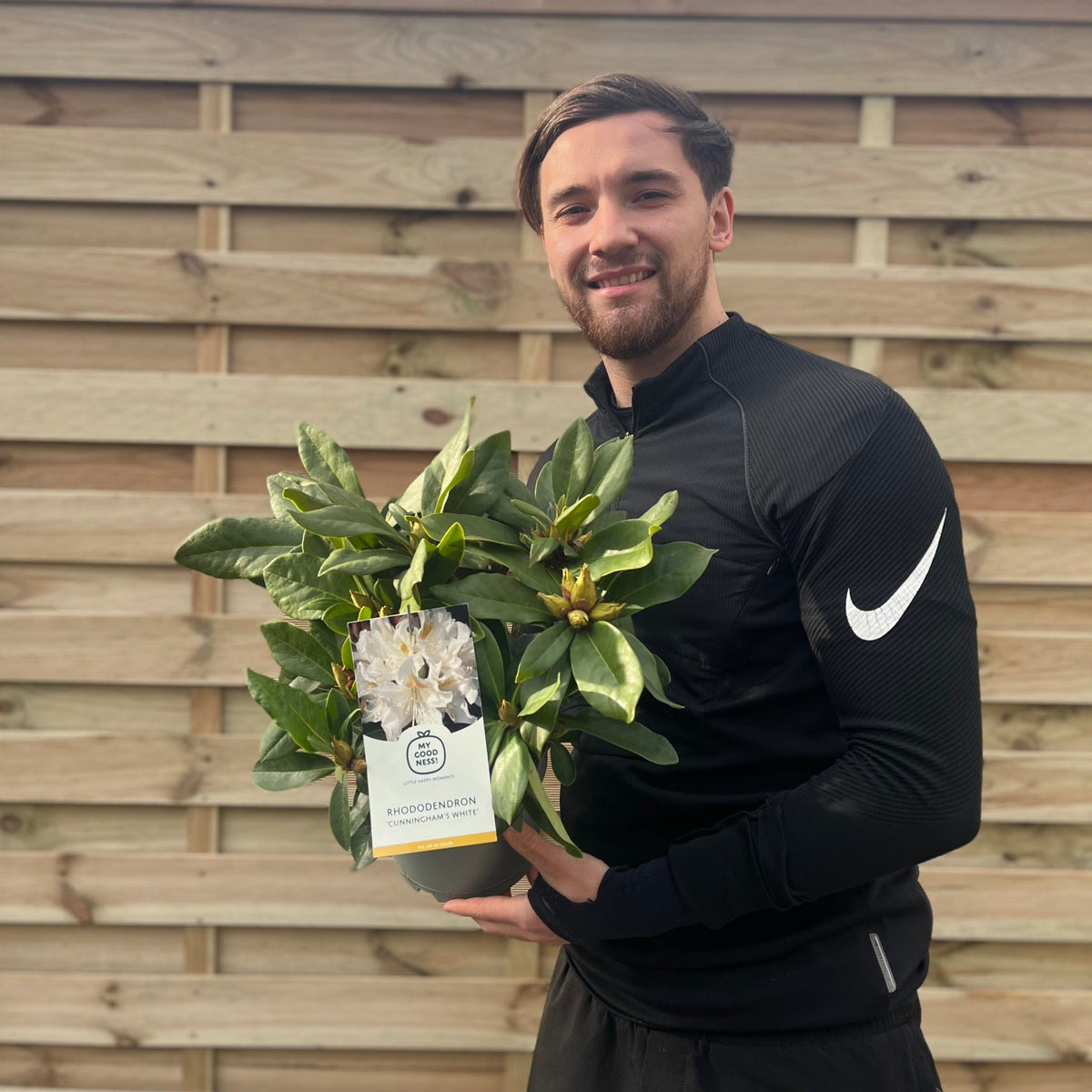 A man in a black Nike jacket smiles while holding a Rhododendron &#39;Cunninghams White&#39; 2L/3L, an evergreen shrub with white funnel-shaped flowers, ideal for acidic soil gardens. He stands in front of a wooden fence.