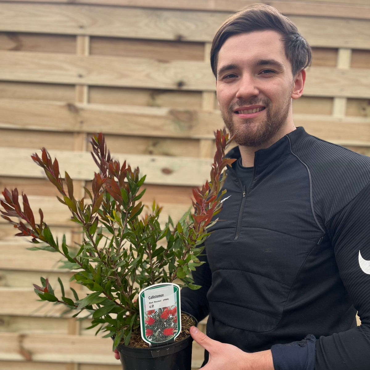 A person in a black top smiles while holding a Callistemon &#39;Red Rocket&#39; 2L, a low-maintenance shrub with vibrant red foliage, standing in front of a wooden fence.