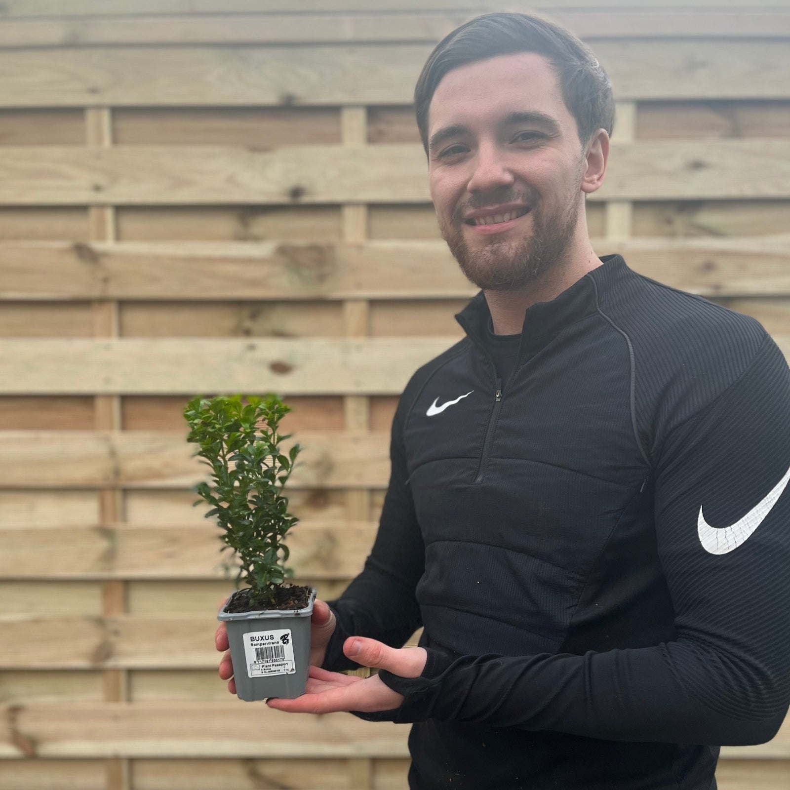 A smiling person in a black Nike top holds a small potted Buxus Hedging (Multibuy Offers Available) in front of a wooden fence.