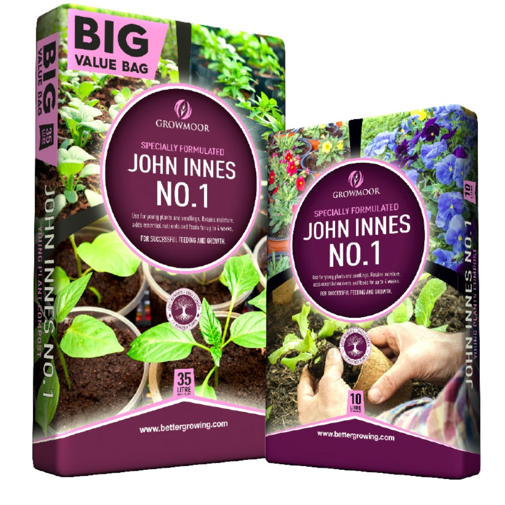 Two bags of John Innes No.1 Compost 35L labeled "BIG VALUE BAG" and "Specially Formulated," featuring images of seedlings, gardeners' hands, and info on feeding, growth, and strong root development.