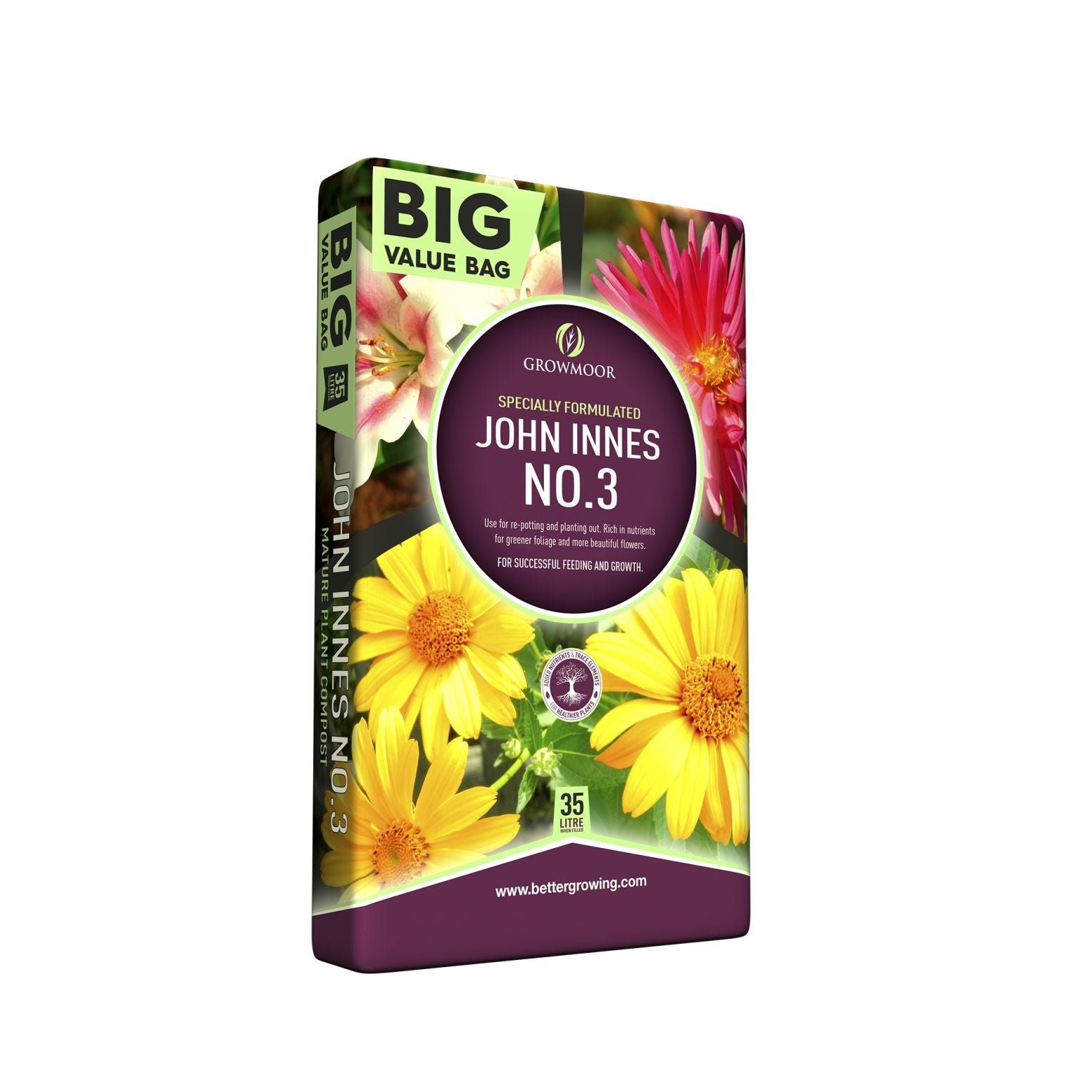 A 35L John Innes No.3 Compost bag labeled BIG VALUE BAG, featuring colorful flowers on the packaging. Promotes healthy root growth, with www.bettergrowing.com displayed at the bottom.