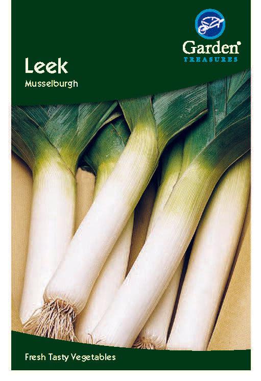 A Garden Treasures Leek Musselburgh seed packet shows fresh leeks (Allium porrum) with white stalks and green leaves. The bottom text says, &quot;Fresh Tasty Vegetables—easy to grow for your garden.
