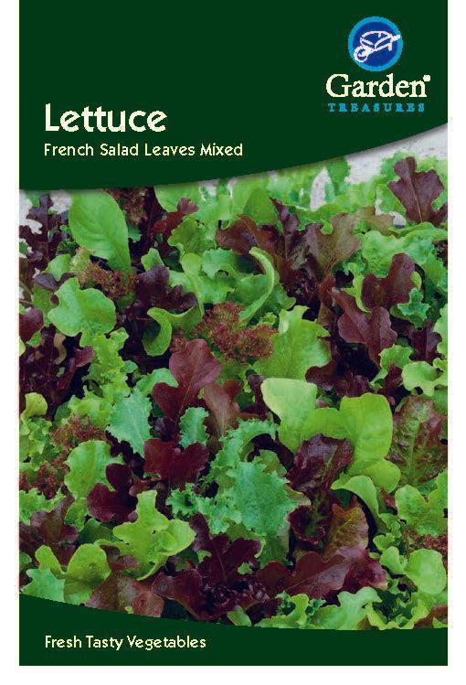 A seed packet for Lettuce French Salad Leaves Mixed displays assorted green and red leaves. The bottom reads &quot;Fresh Tasty Vegetables.&quot; Ideal for outdoor sowing to enjoy the freshest salad bowl.