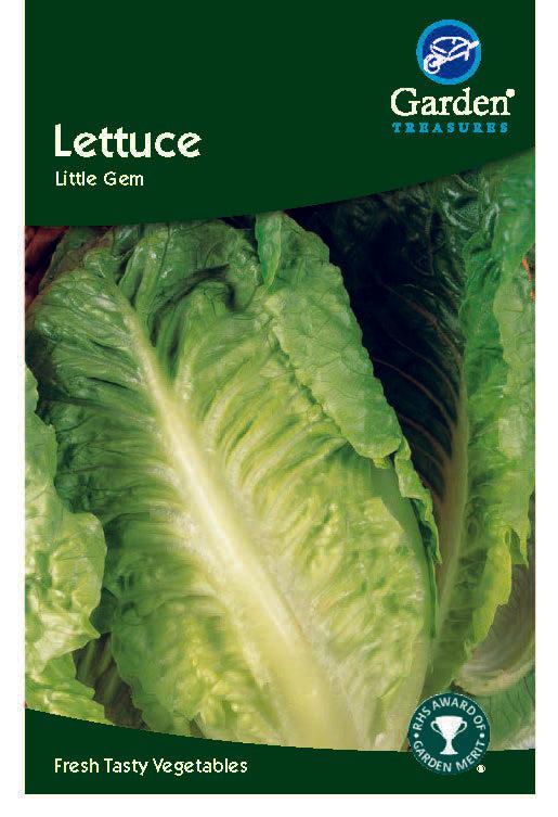 Close-up of green lettuce leaves on a Lettuce Little Gem Seeds packet. The packet text highlights fresh, tasty, compact lettuces ideal for salads, with a circular logo shown in the bottom right corner.