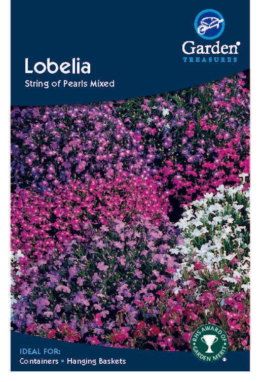 Lobelia Seeds Mixed by Garden Treasures produces trailing clusters in purple, pink, and white. These half hardy annuals are perfect for containers and hanging baskets.