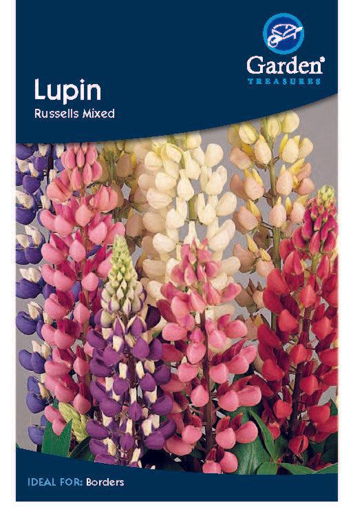 A packet labeled Lupins Seeds Mixed shows tall flower spikes in pink, purple, white, and yellow. This hardy perennial features the Garden Treasures logo in the top right corner.