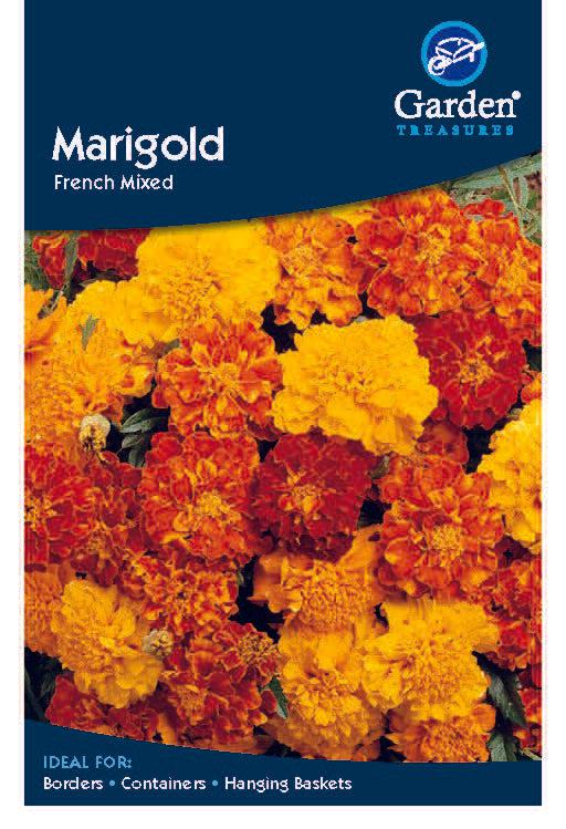 A packet of Marigold French Mixed Seeds displays vivid orange and yellow blooms, labeled as perfect for borders, containers, hanging baskets, or growing alongside tall flower spikes.