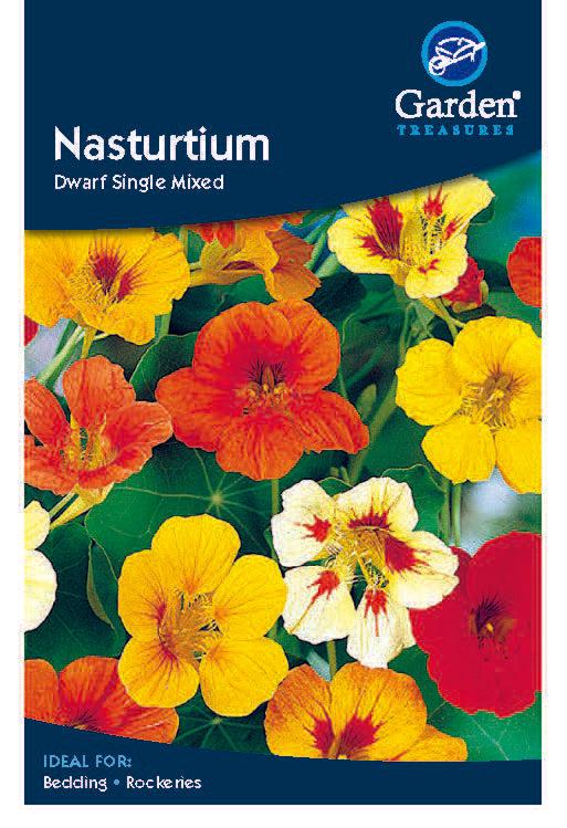 Nasturtium Dwarf Single Mixed Seeds produce hardy annuals with large, vivid yellow, orange, and red blooms and green leaves. Easy to grow, they’re ideal for bedding and rockeries.