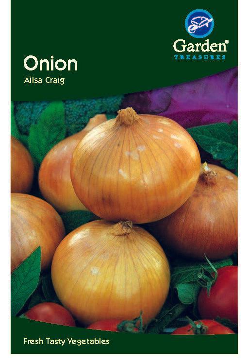 A packet of Onion Alisa Craig Seeds features large globe onions with smooth skins, leafy greens, and red tomatoes. The label reads &quot;Fresh Tasty Vegetables.&quot; Ideal for those who love onions with a mild flavor.