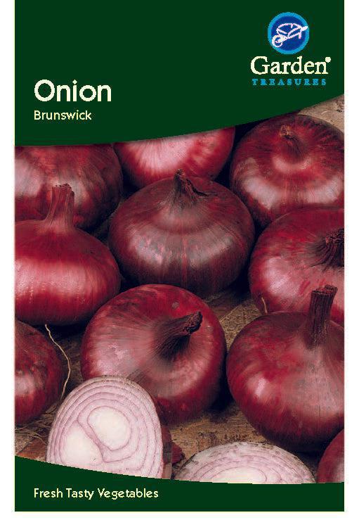 A packet of Onion Brunswick Seeds from Garden Treasures, showing whole and sliced red-skinned onions, labeled "Onion Brunswick" and "Fresh Tasty Vegetables." Great for cooking or adding to fresh salads.