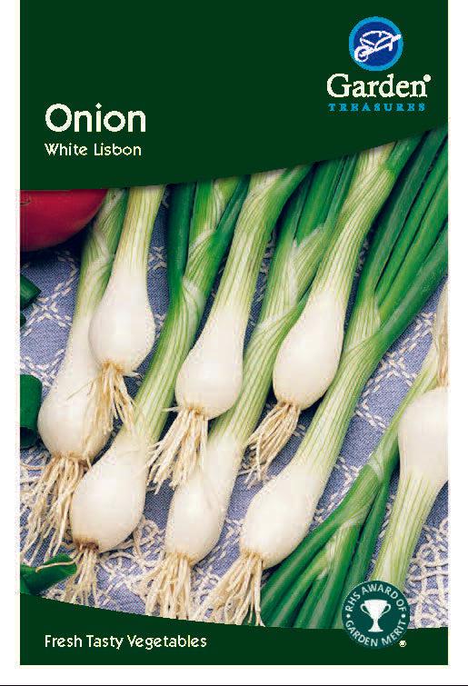 A seed packet for Onion White Lisbon, a salad variety (Allium cepa), features fresh green onions with white bulbs and roots, and is labeled &quot;Fresh Tasty Vegetables&quot; at the bottom.