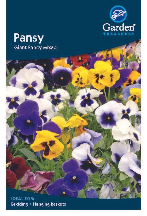 Pansy Giant Fancy Mixed by Garden Treasures features vibrant pansies in purple, yellow, white, and violet shades—ideal flower seeds for bright, colorful displays in your beds or hanging baskets.
