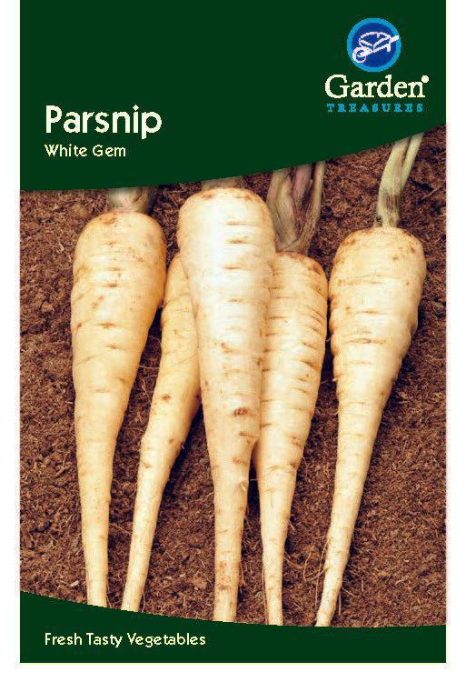 A packet of Parsnip Seeds shows five large white parsnips with green tops on soil. Labeled &quot;Parsnip White Gem.&quot; Enjoy these sweet roots roasted—a perfect winter vegetable. Text: &quot;Fresh Tasty Vegetables.