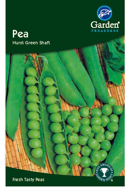 A packet of Pea Hurst Green Shaft seeds displays fresh green pods—some opened to show peas inside—with loose peas on a woven mat. The text highlights “Fresh Tasty Peas” and notes they’re easy to pick.
