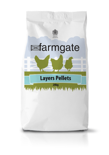 A white 20kg bag of Farmgate Layers Pellets poultry/chicken food features three chickens by a fence, green grass trim, and a blue label reading &quot;Layers Pellets 20kg&quot;. Free standard UK mash/pellets delivery included.