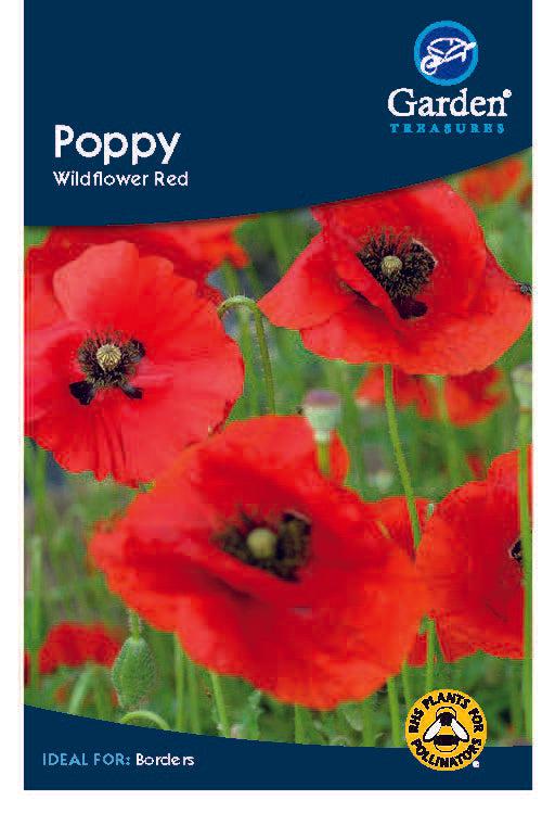 Poppy Wildflower Red seed packet by Garden Treasures features large, vibrant red flowers. Easy to grow and ideal for borders, these bee-friendly poppies attract pollinators.