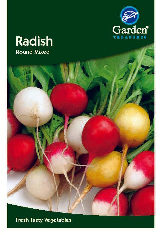 A seed packet labeled Radish Round Mixed Seeds showcases colorful white, red, and yellow radishes with green tops—ideal for salads. The Garden Treasures logo is at the top right, with Fresh Tasty Vegetables along the bottom.