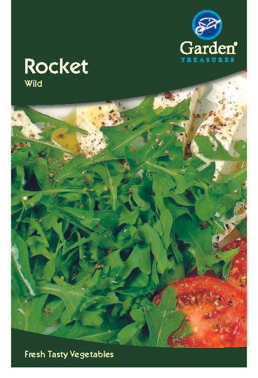 A packet labeled Rocket Seeds (Wild) shows rocket growing into strong-flavoured leaves, served in salad with sliced tomatoes and cheese, with "Fresh Tasty Vegetables" displayed at the bottom.