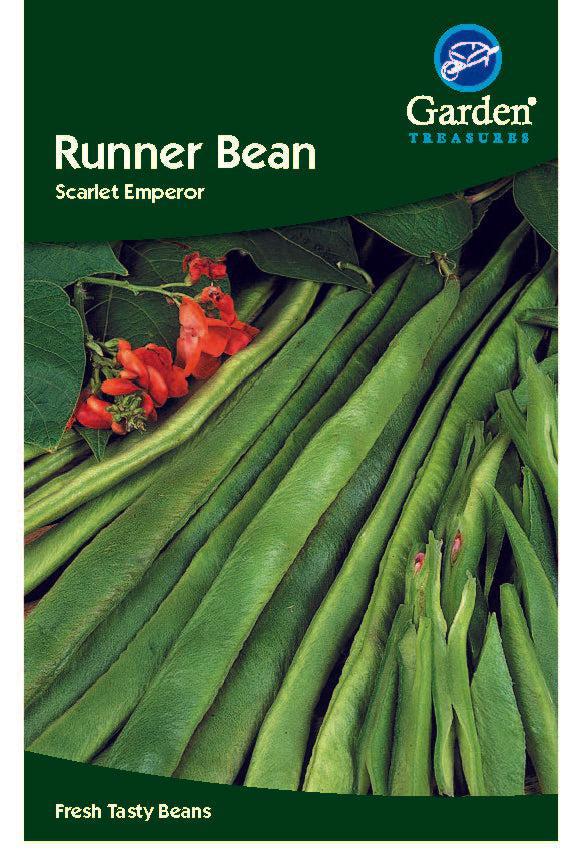 Runner Bean Scarlet Emperor Seeds by Garden Treasures, pictured with long green pods, red flowers, and lush leaves. This early variety offers large, tasty pods. Bottom text: Fresh Tasty Beans.