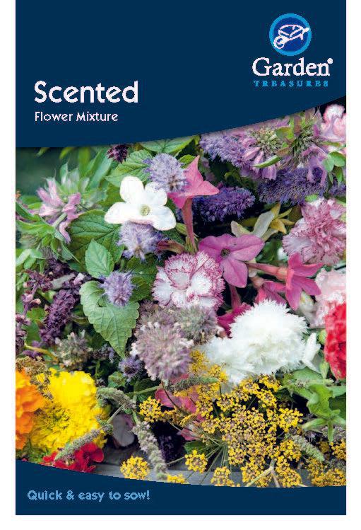 A vibrant packet of Scented Flower Mixture seeds, showcasing a mix of sweet-scented flowers in assorted colors, with “Quick &amp; easy to sow outdoors!” featured at the bottom.