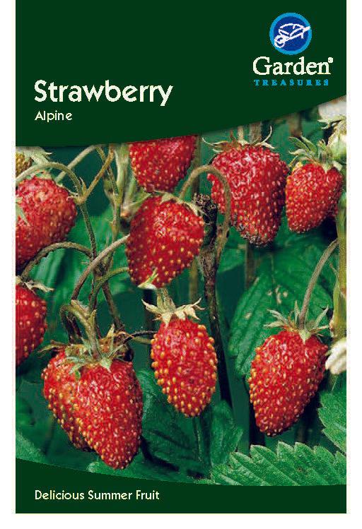 Packet of Strawberry Seeds (Alpine) featuring ripe red berries on compact plants with lush green leaves. The label highlights Garden Treasures and Delicious Summer Fruit with a sweet flavour.