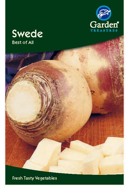 A packet of Swede Seeds (Best of All), featuring two whole purple top swedes and yellow cubes on a wooden surface, labeled “Swede,” “Best of All,” and “Fresh Tasty Vegetables.” Easy to grow.