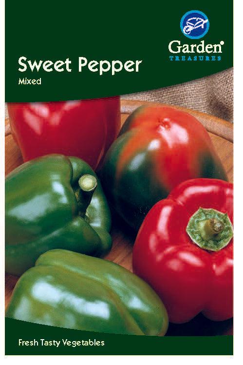 A packet of Sweet Pepper Mixed Seeds from Garden Treasures features green and red sweet peppers in a wooden bowl—ideal for salads or cooking—with &quot;Fresh Tasty Vegetables&quot; printed at the bottom.