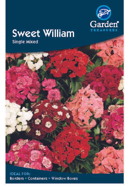 A packet of Sweet William - Single Mixed showcases bright pink, red, and white blooms. Perfect for borders, containers, and window boxes, these seeds bring vibrant color to any garden space.