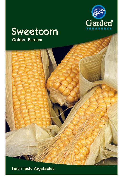 A packet of Sweetcorn Seeds displays three partially husked, golden yellow ears, labeled “Fresh Tasty Vegetables.” This easy-to-grow variety promises a delicious harvest for your garden.