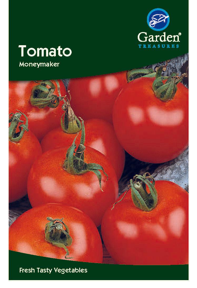 A packet of Tomato Seeds (Moneymaker), showing ripe, medium-sized tomatoes with green stems. The label reads Fresh Tasty Vegetables and promises heavy yields.