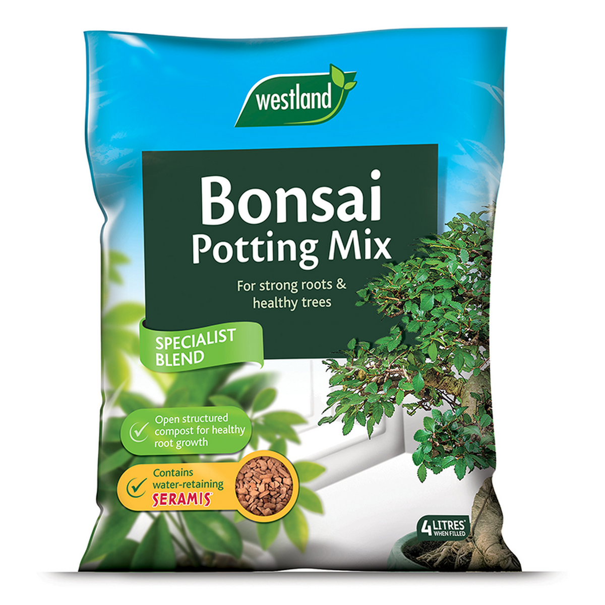 A 4L bag of Bonsai Potting Mix, featuring a bonsai tree design. This specialist blend includes bonsai compost for root growth and Seramis water-retaining granules, supporting strong roots and healthy trees.