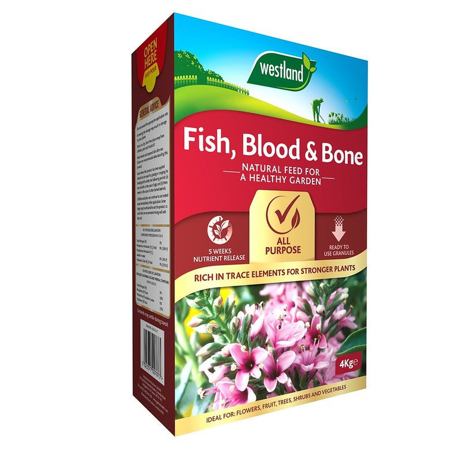 A 4kg box of Fish, Blood and Bone natural garden feed, with images of flowers and text for use on flowers, fruit, trees, shrubs, and vegetables. Boosts soil fertility and supports healthy plant growth.