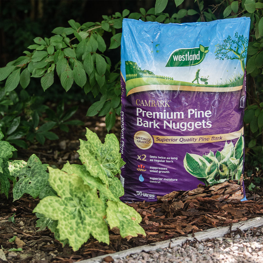 A 50L bag of 45 x Premium Pine Bark Nuggets, perfect for garden mulch and weed control, shown upright with colorful branding, product benefits, and plant images displayed on the packaging.