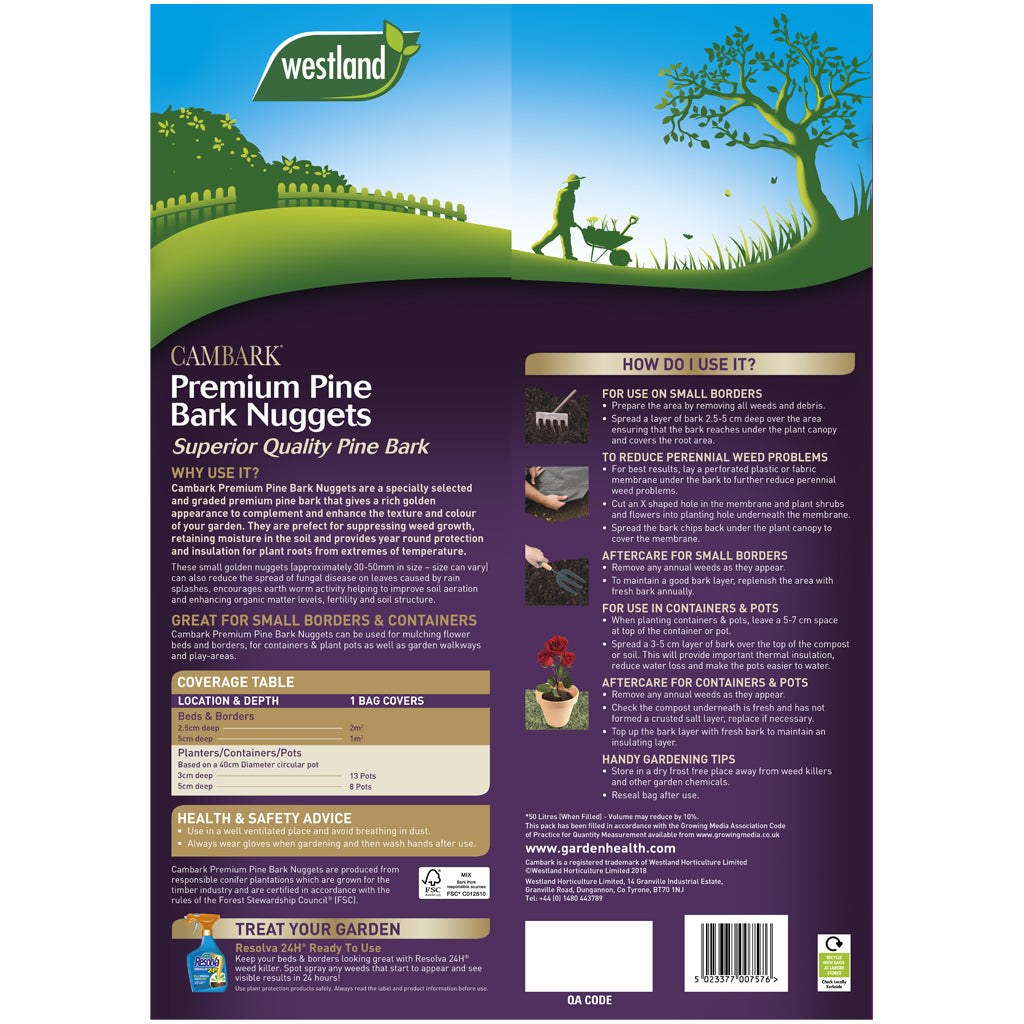 The back of a 45 x Premium Pine Bark Nuggets 50L bag shows garden mulch benefits, weed control instructions, safety tips, coverage info, and a garden image featuring someone with a wheelbarrow.