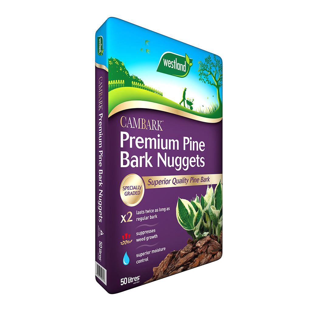 A 50L bag of 45 x Premium Pine Bark Nuggets, perfect for garden mulch and weed control, shown upright with colorful branding, product benefits, and plant images displayed on the packaging.